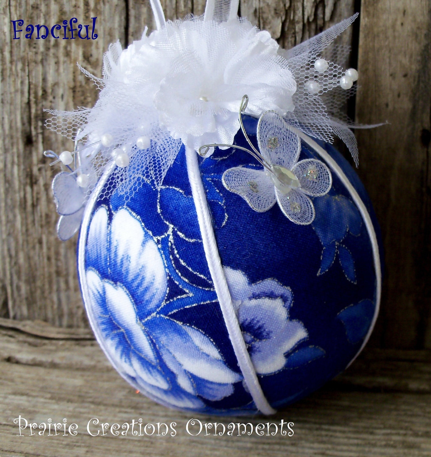 White Flowers and Organza Butterflies on Blue Handmade Fabric Ornament
