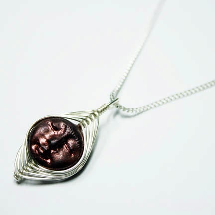 Handcrafted Wire Wrap Wrapped Polymer Clay MINI Red Metallic Sun Moon Goddess Bead Pendant with Necklace