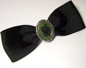 Adorable Antique Silver Hunter Olive Green Black Rose Cameo Gothic Lolita Steampunk Hair Bow Barrette Pin Clip