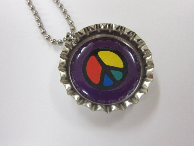 Bottlecap Necklace - Peace Sign on Purple Background