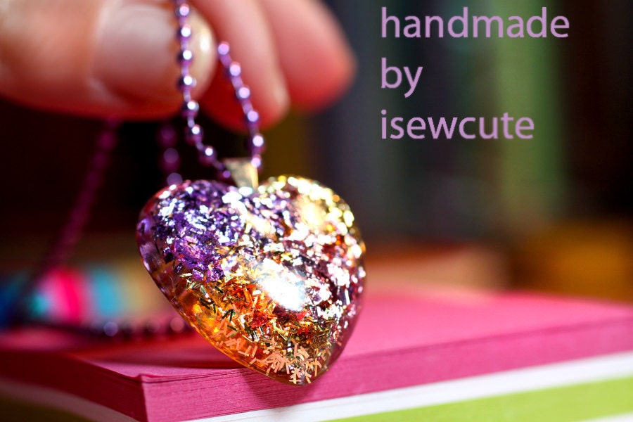 The Most Fabulous Glitter Heart Resin Necklace in Lavender Purple and Yellow Gold