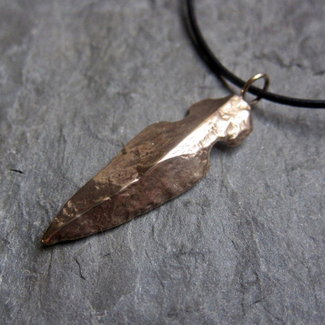Mens skinny bronze arrowhead necklace, tribal southwestern accessory, artisan metalsmith, rustic finish on black cord