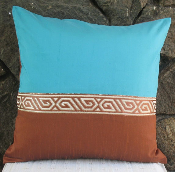 Aqua blue and brown throw pillow 18 inch cushion cover