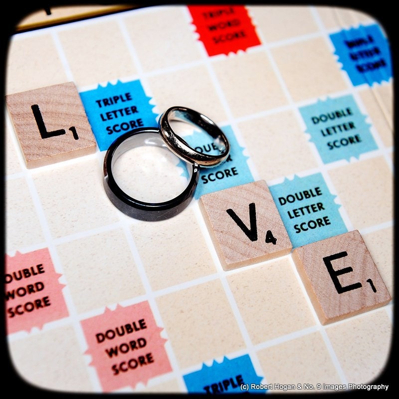 Rings of Love - Vintage TtV Style Love Spelled with Wedding Bands on a Scrabble Board - 8x8 fine art print