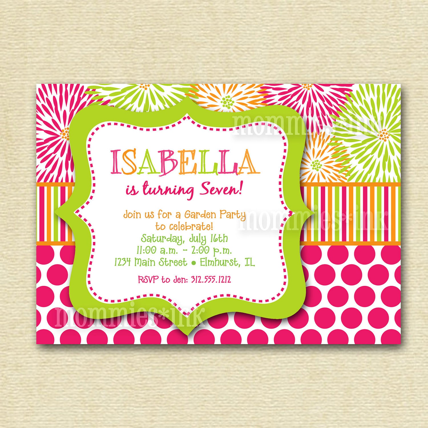 Bright Blooms and Dots Birthday Party Invitation- Photo option available - PRINTABLE INVITATION DESIGN Il_170x135