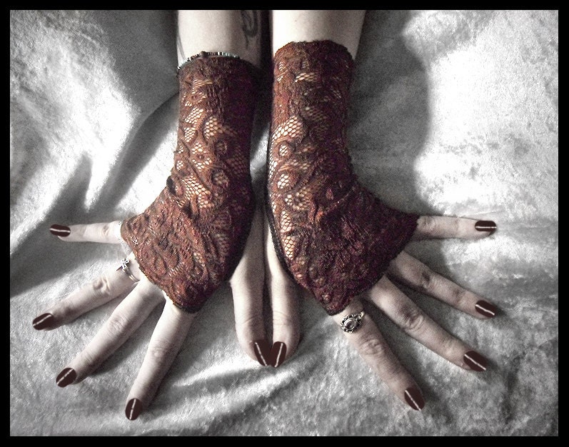 Maguire Lace Fingerless Gloves - Dark Earth Brown Fishnet & Embroidered Floral - Gothic Victorian Regency Tribal Belly Dance Austen Wedding