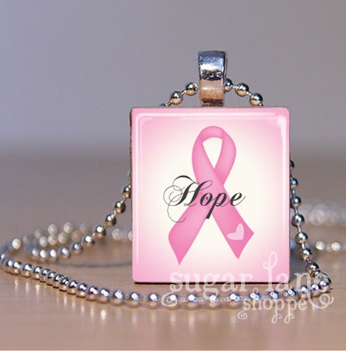 Breast Cancer Hope Necklace - Pink Ribbon - Scrabble Tile Pendant with Chain