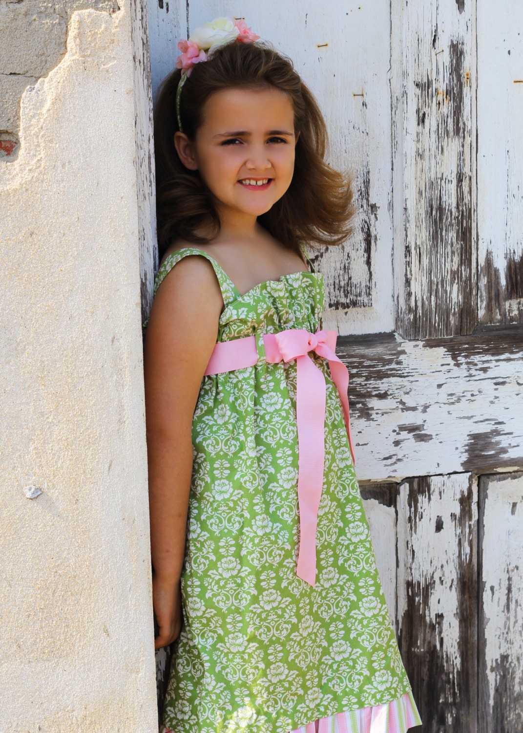 Sundress,Flower Girl,  Wedding, Green Cotton Damask, Infant,Toddler, Preteen