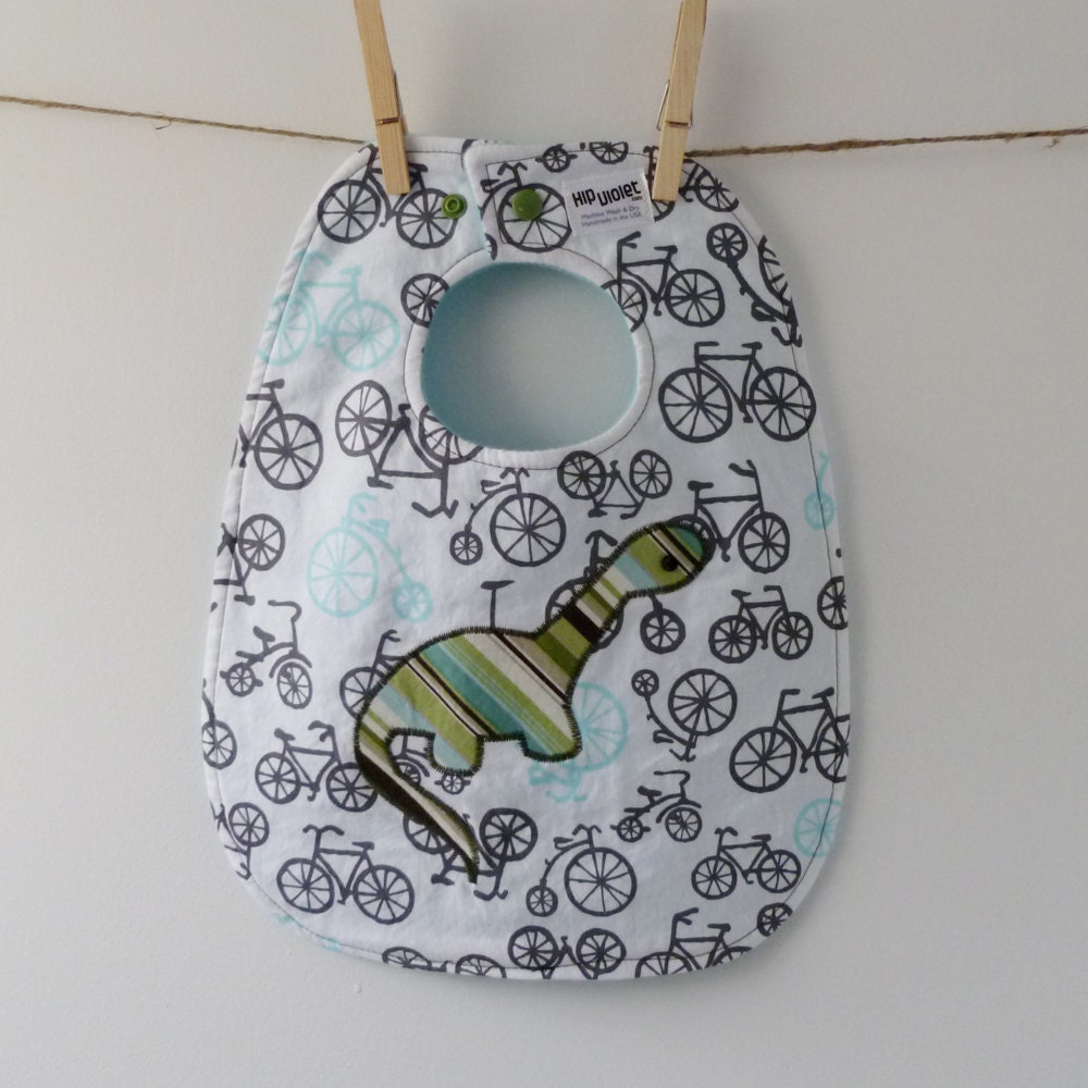 Boy Baby Bib - Bicycles with a Dinosaur Oversize Bib with Snaps