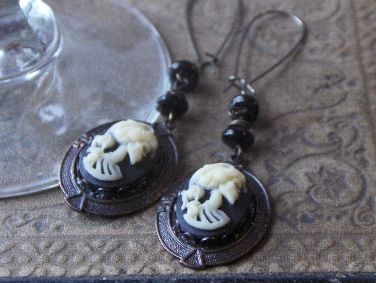 Memento Mori . Skull Cameo Gothic Aged Brass Earrings