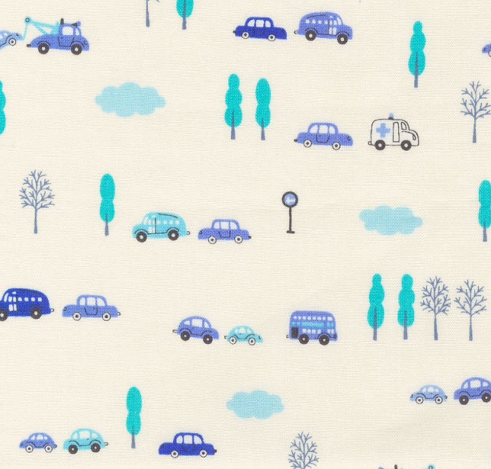 Fumika Oishi Automobile Print Blue - Japanese Cotton Fabric Half Yard