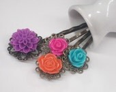 Vintage Inspired Lucite Flower Bobby Pin Set -  4 Piece Mum and Rose Assortment on Bronze Filigree