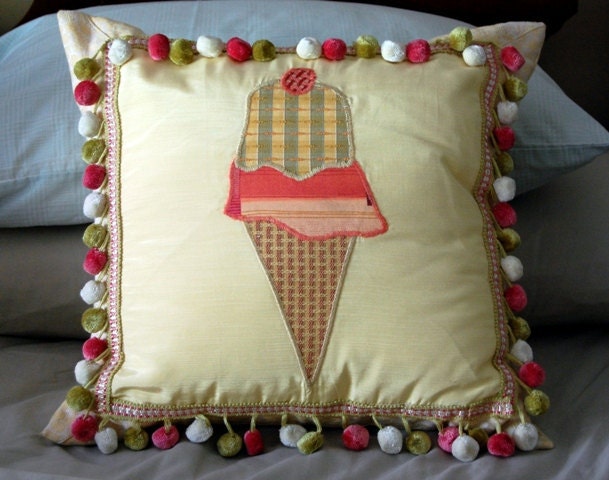 Appliqued Ice Cream Cone Treat Cushion in Buttercream
