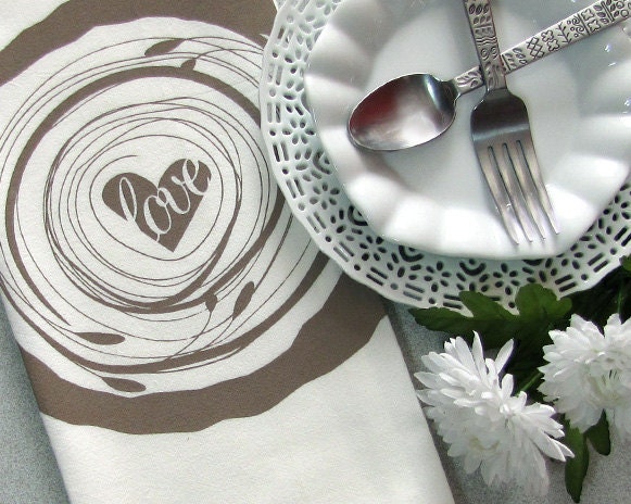Wood Grain Tea Towel - Screen printed Natural Cotton Flour Sack Towel - Heart Love Leaf Tan Taupe Beige Khaki (TT15)