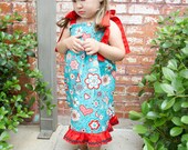 Sundress - Turqoise -Red  -  shirred - ruffled