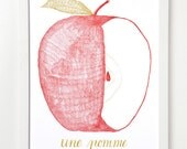 Letterpress French Apple Print. Une Pomme.