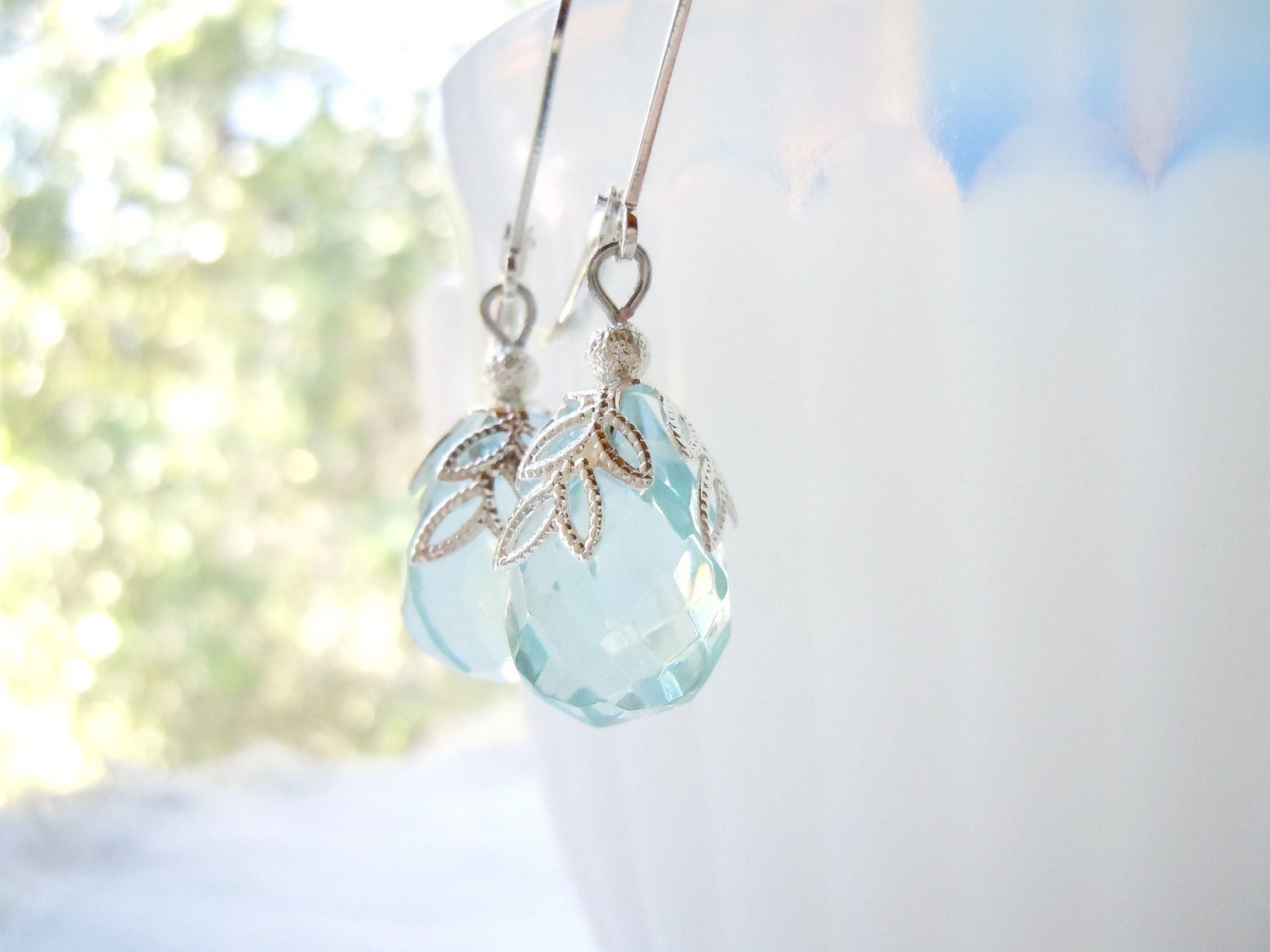 Wedding Jewelry - Bridesmaid Earrings, Aqua Quartz, Sky Blue, Light Blue, Something Blue, Silver Plated, Leverback
