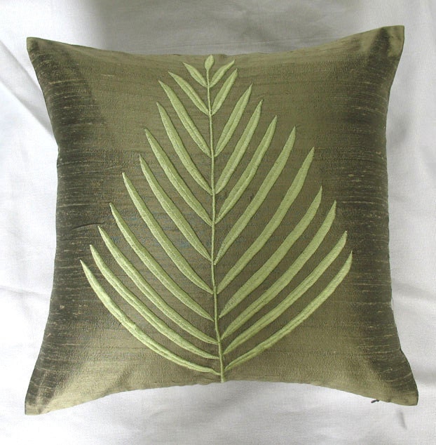 Olive green fern leaf throw pillow 16 inch cushion cover in silk
