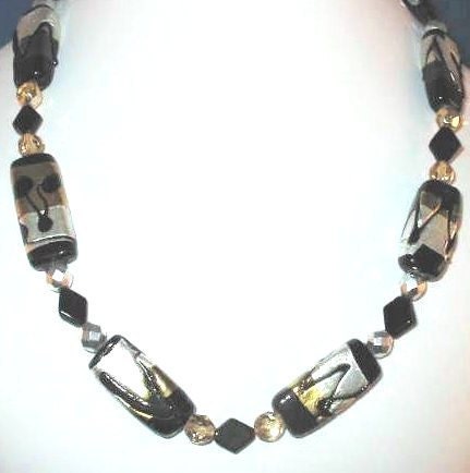 Black and silver foil glass bead necklace