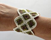 Crochet Bracelet Miniature Granny Square Cuff in Olive Cream Brown