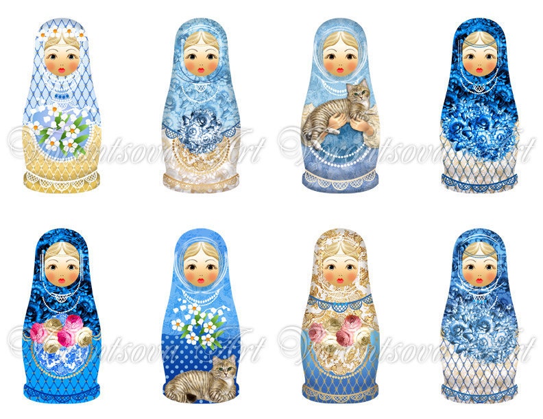 Blue Matryoshka cat dolls - Babushka - digital original illustration. Digital Collage Sheet. Printable Imade ATC ACEO. 008