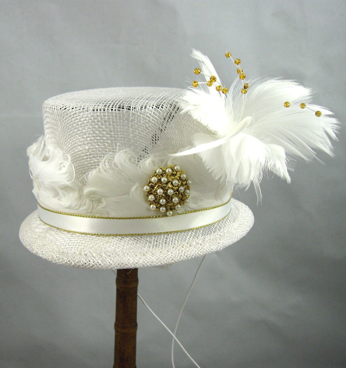 White and Gold Mini Top Hat Kentucky Derby Wedding Hat