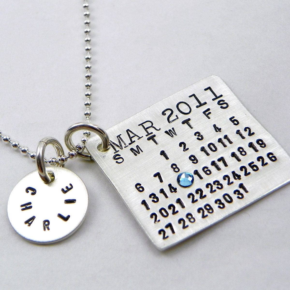 Mark Your Calendar Necklace - personalized sterling silver necklace with Name Charm and crystal for date