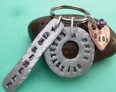 Disc Bar Charms Key Chain - hand stamped silver & antiqued copper key chain with swarovski crystal