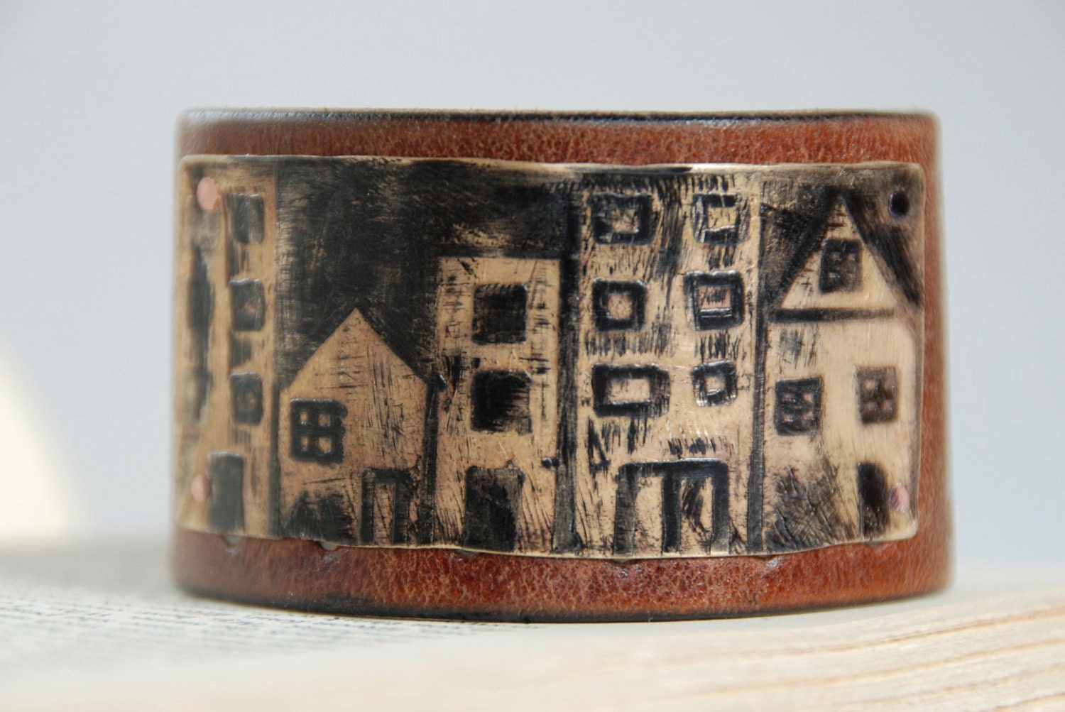 Petite Ville Cuff Little Town Etched and Oxidized Brass and Upcycled Leather