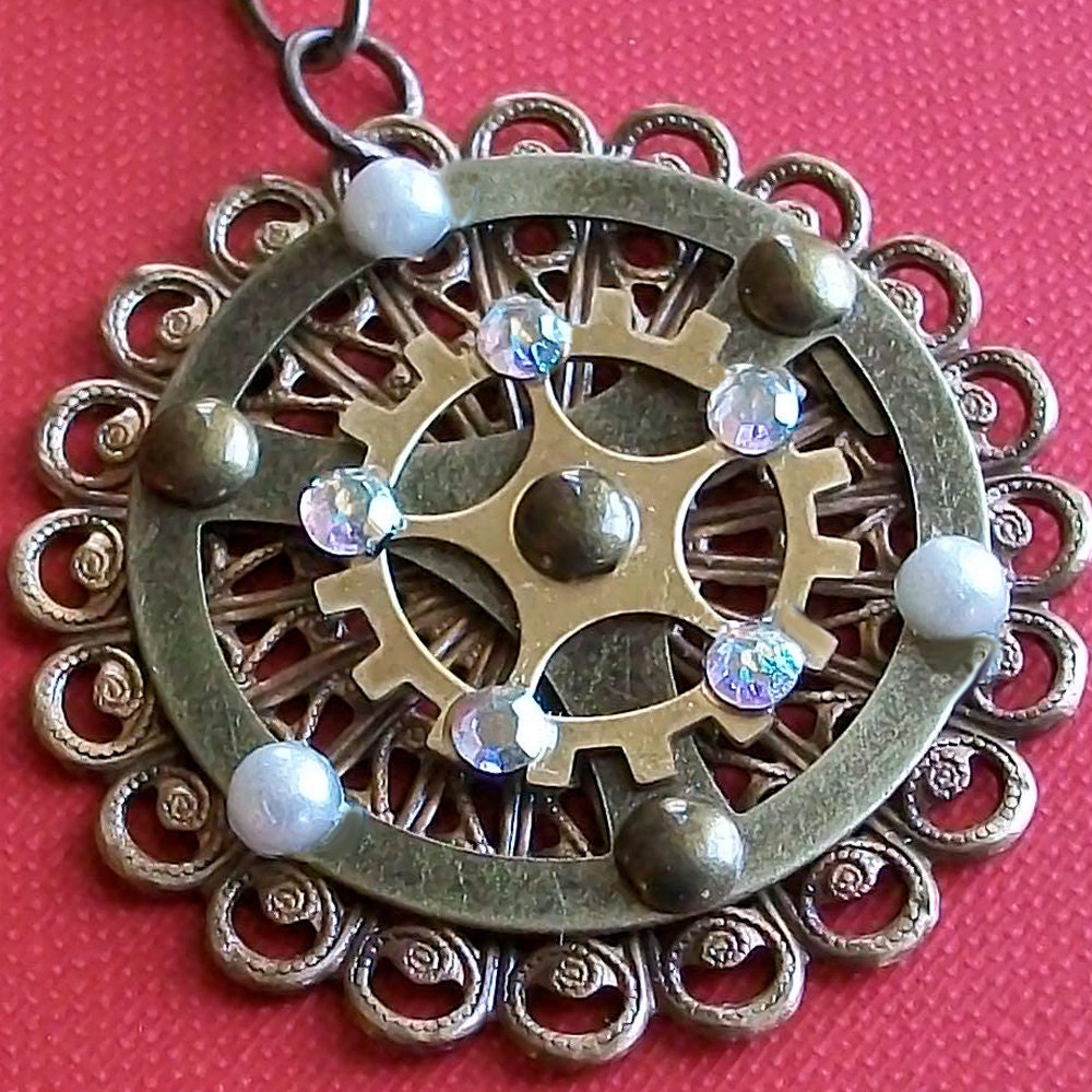 Steam Punk Filigree Pendant Pearls and Rhinestones