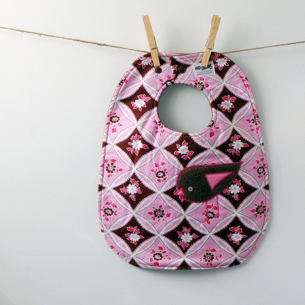 Handmade Baby Bib - Appliqued Birdie - Oversize with Snaps