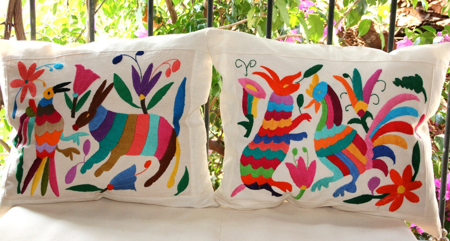 Folk Art Pillow Shams-Otomi Embroidery
