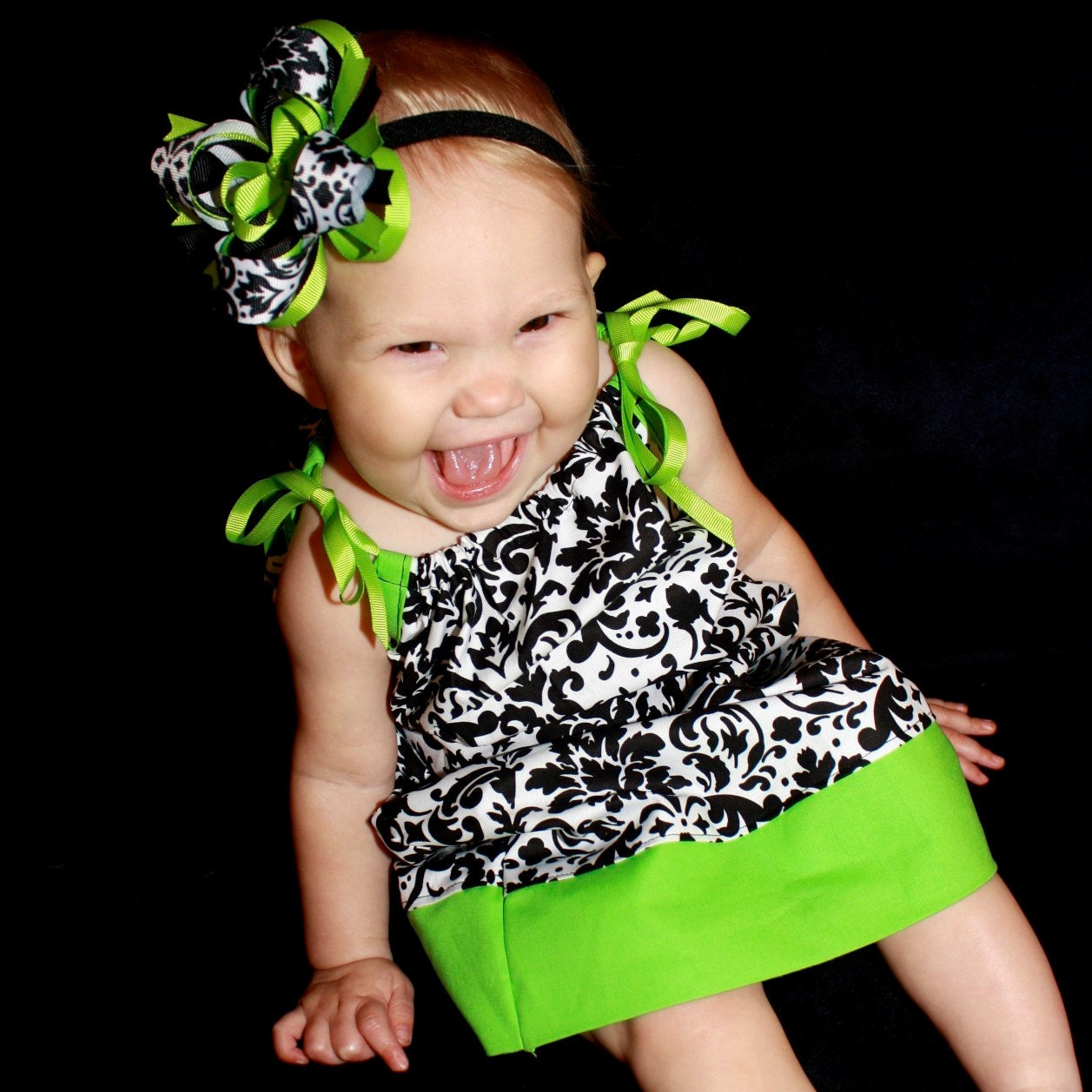 Lime Green and Black Damask Pillowcase Dress...Newborn to 2T