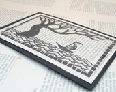 First Sign of Land Handmade Linocut Print on Vintage Book Page 5 x 7 Inches