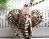 Pretty retro copper colorful glaze indian elephant head with purple crystals eyes necklace pendant jewelry vintage style
