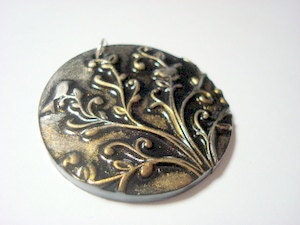 Tree Chirping Birds Black Silver And Gold Handmade Polymer Clay Pendant