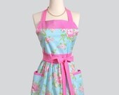 Womens Bib Apron / Vintage Inspired Sky Blue with Soft Pink Roses Fabric Design from Tanya Whelan
