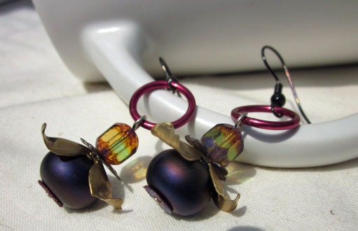 Iridescent Fuchsia and Blue Lampwork Bead Earrings - Aurora Borealis