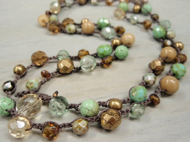 Boho chic crochet wrap necklace / bracelet "Costa Rica",  green turquoise crochet jewelry, bronze, fall bohemian