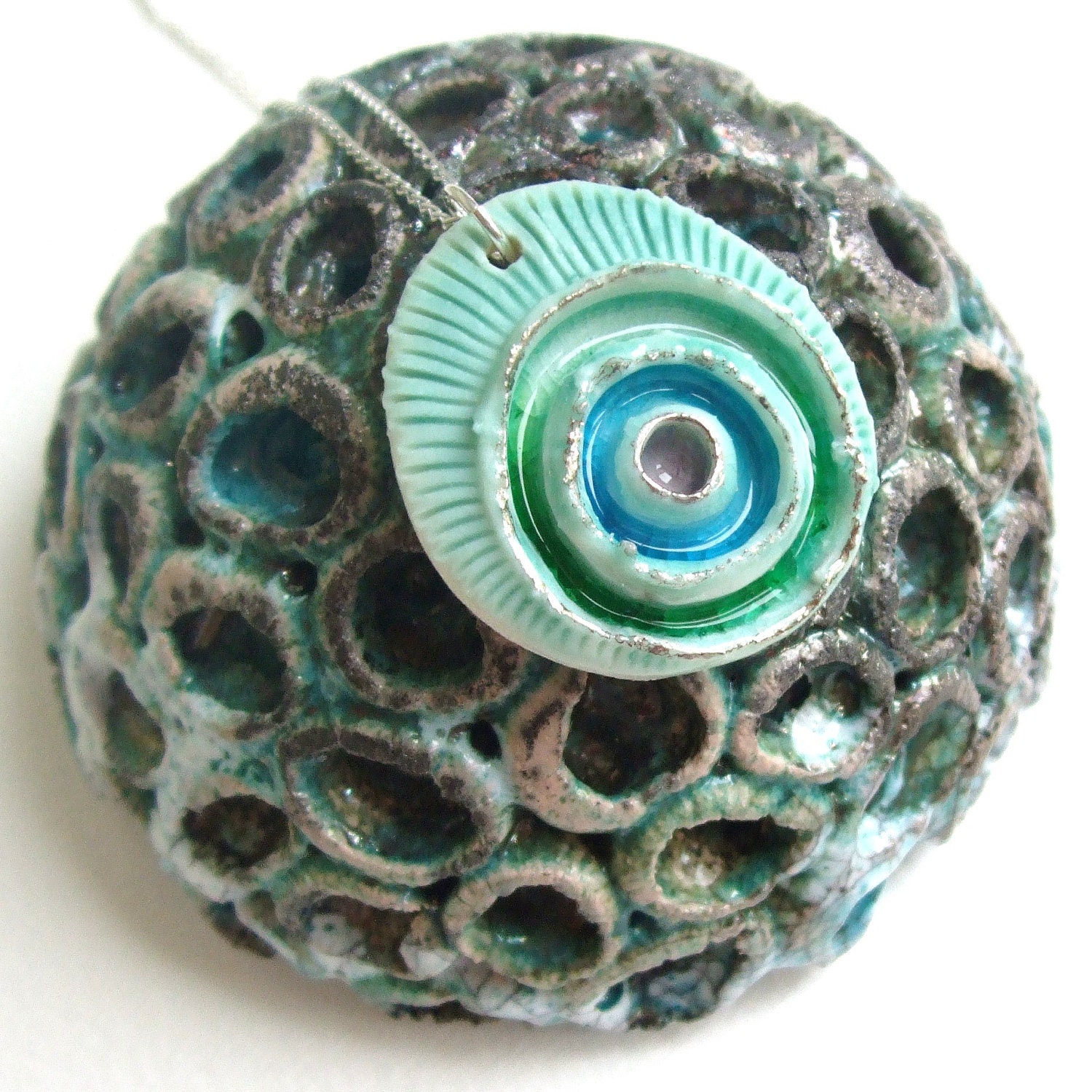 CLEARANCE - Porcelain Pendant - Aqua Splash Peacock Feather - Sterling Silver Chain