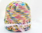 Lacy Baby Hat, Hand Knit Photo Prop, Pink Yellow Multi Color Premium Hand Dyed Yarn