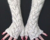 Fingerless Gloves Knit Beige Cabled / Wrist Warmers, Extra Soft, Long and Warm