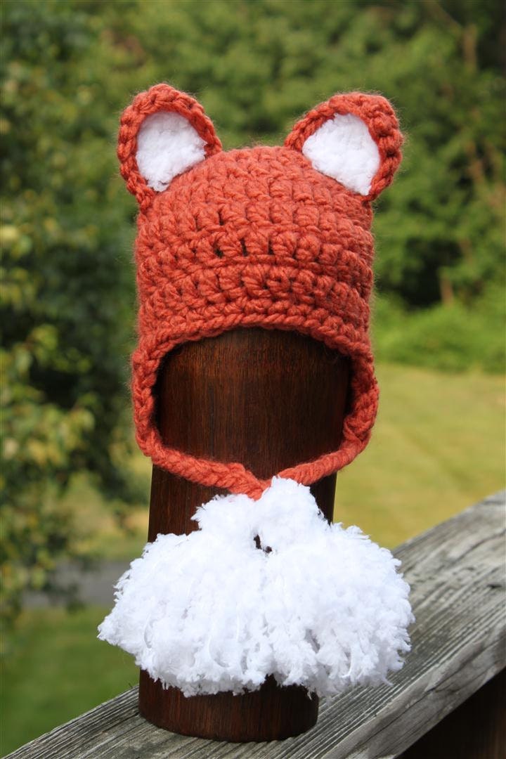 Crocheted Baby Fox Earflap Hat with Tassels