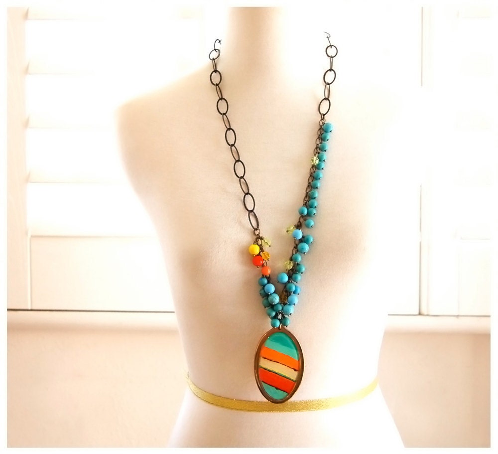 Tangelo and Tangerine with Turquoise Stripe Bronze Beaded Necklace