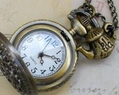 Alice in Wonderland Steampunk pocket WATCH necklace pendant charm locket TEA TIME-- never late for your T E A