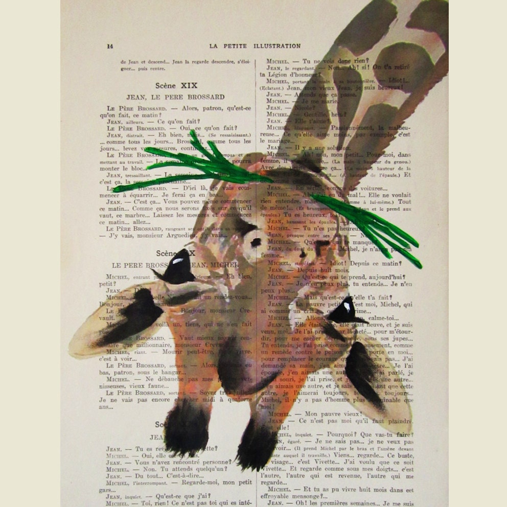 Giraffe eating grass- ORIGINAL ARTWORK Hand Painted Mixed Media on 1920 Parisien Magazine 'La Petit Illustration'