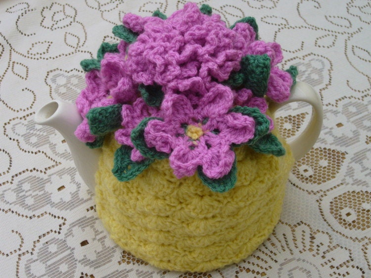 4-6 Cup Crochet Tea Cosy/ Tea Cozy/ Cosy/ Cozy  - Yellow with Pink Flowers (Made to order)