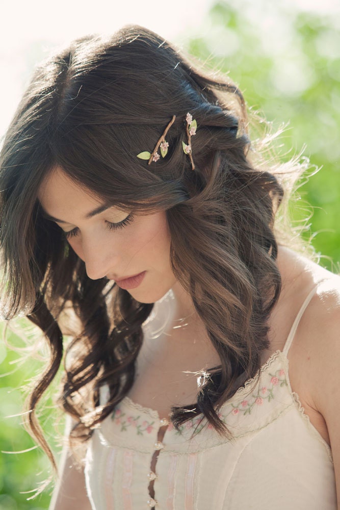 Twig Hair Bobby Pins with Cherry Sakura Blossom Flowers