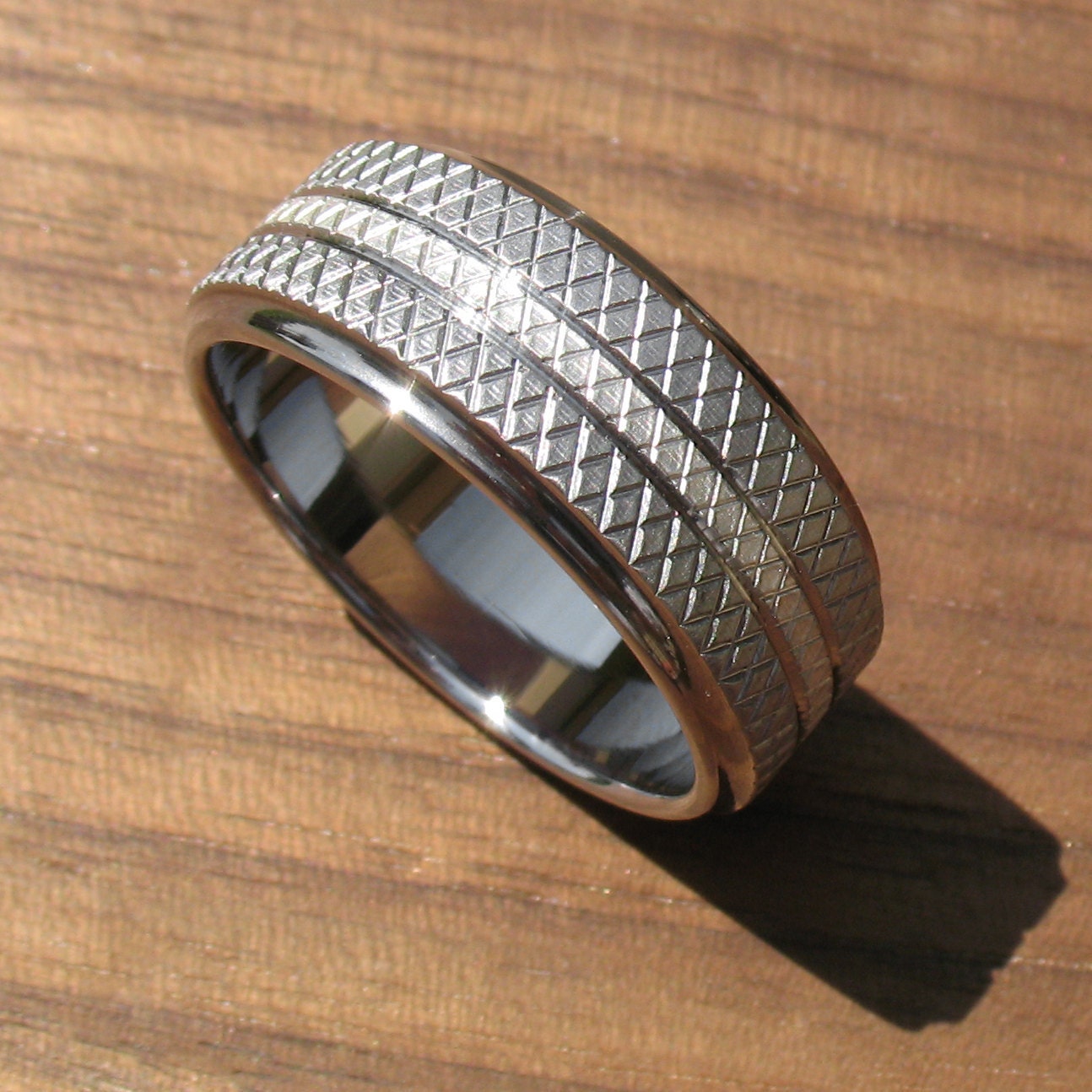 Stainless Steel and Silver Knurled Wedding Ring