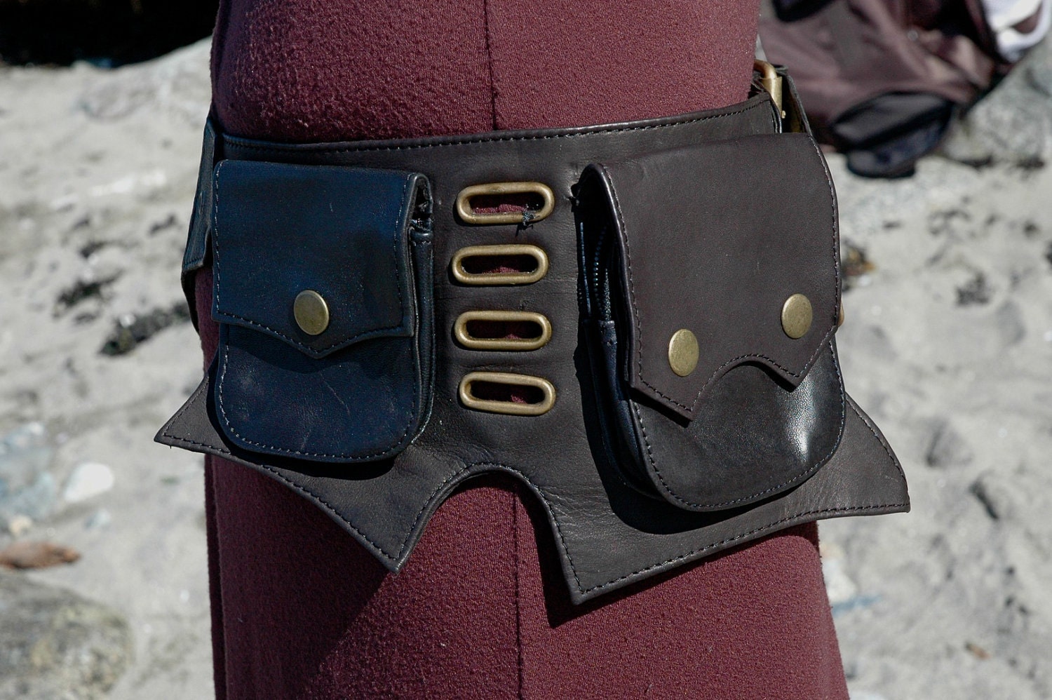Steampunk  Leather Belt Bag in Black, Hip Belt bag with pockest